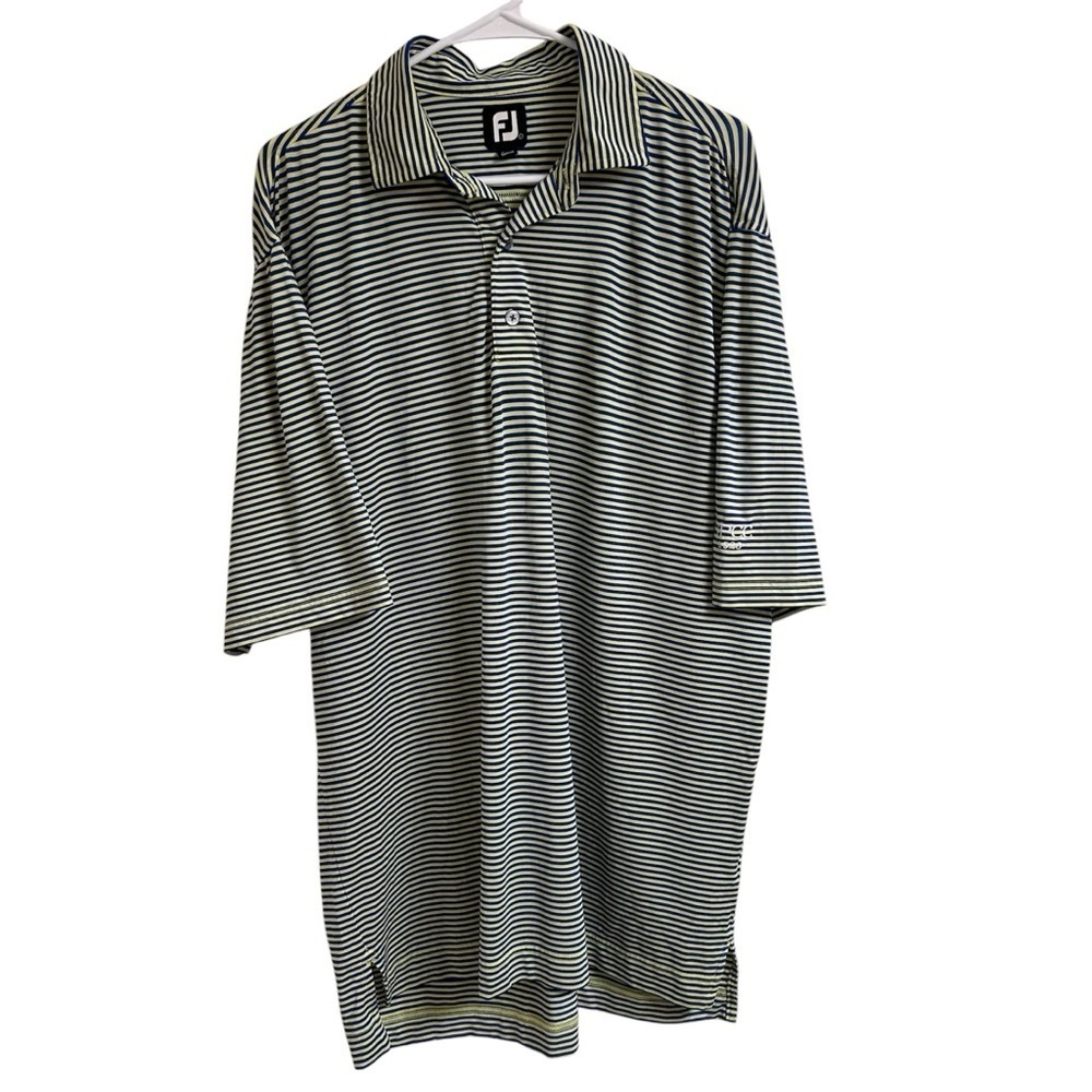 FootJoy Men’s Size L Short Sleeve Polo Shirt Yellow Blue Stripe Golf Embroidered